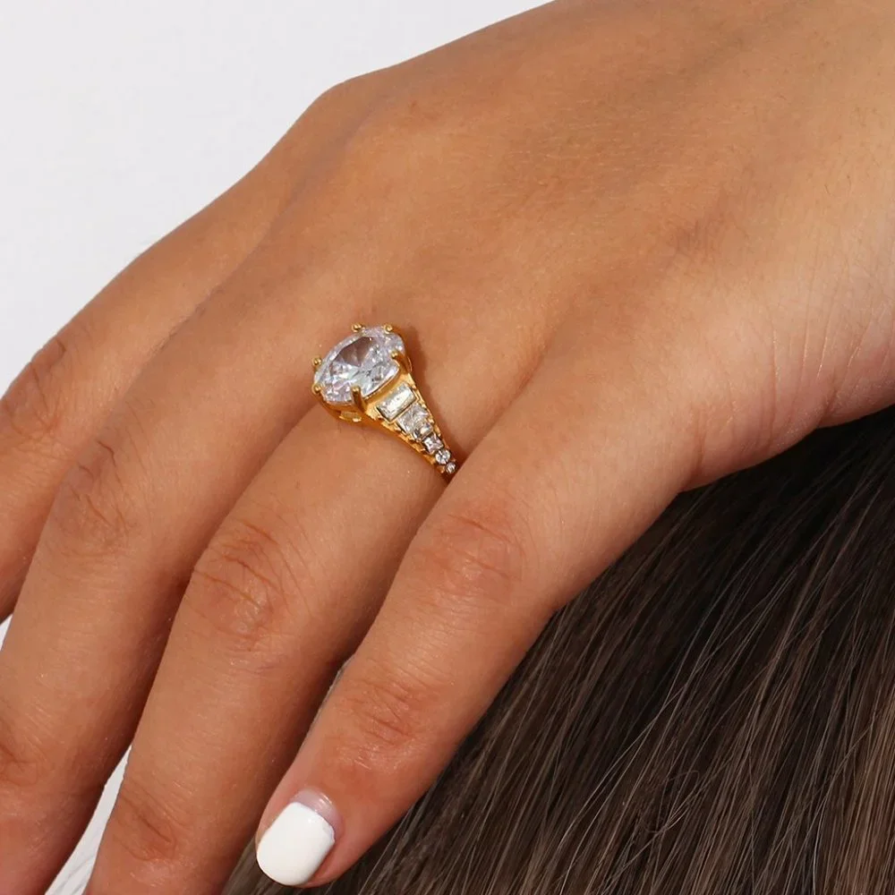 Luxury Crystal Zircon Adjustable 18K Gold Plated Stainless‎ Steel Ring